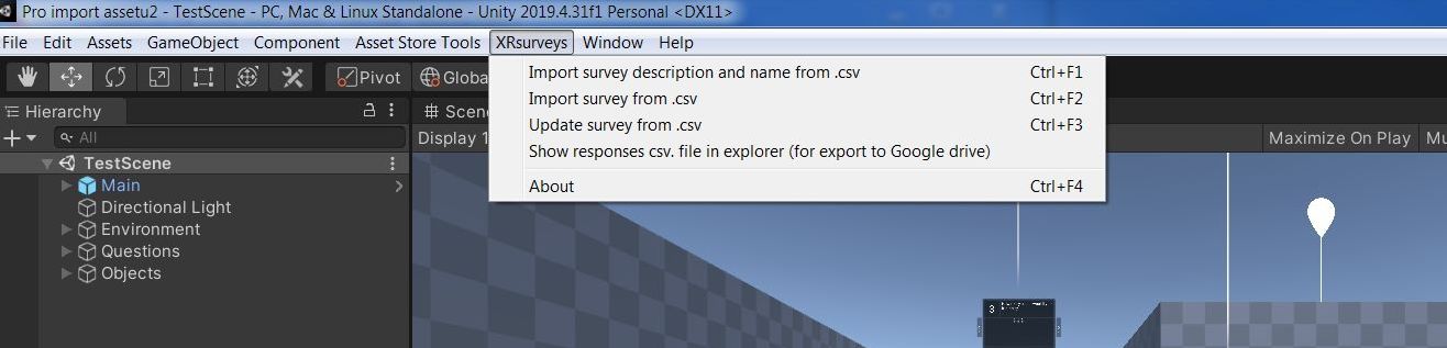 Screenshot XRsurveys Toolbar in Unity - Surveys in the virtual reality (VR)