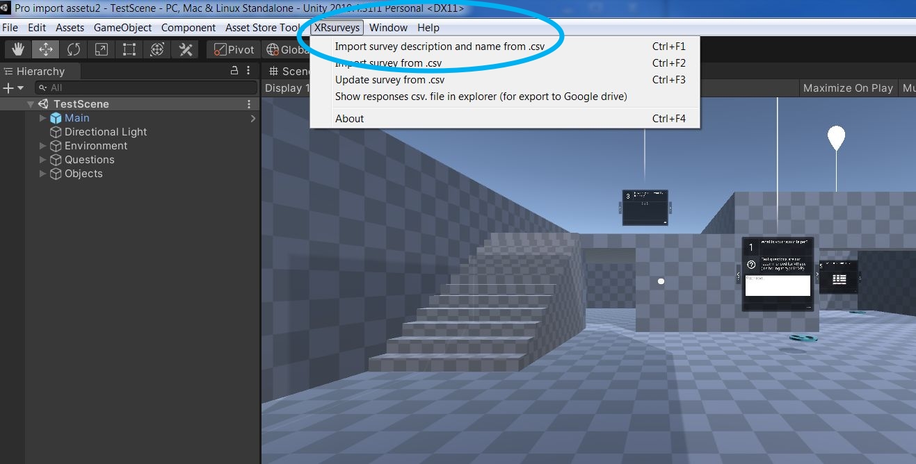 Screenshot XRsurveys Toolbar Unity - Survey import from Google Forms to Unity for doing surveys in the virtual reality VR