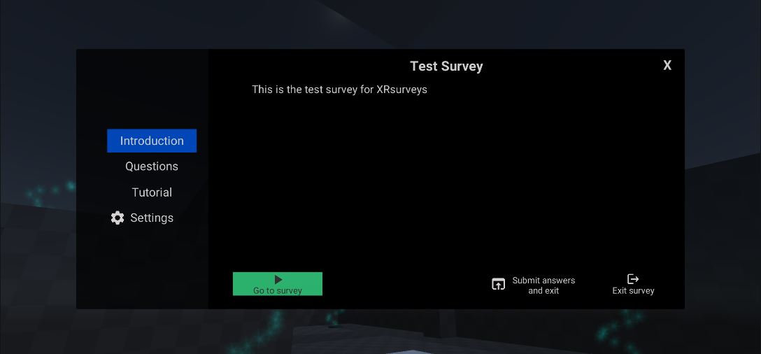 Screenshot XRsurveys survey menu introduction tab Unity VR