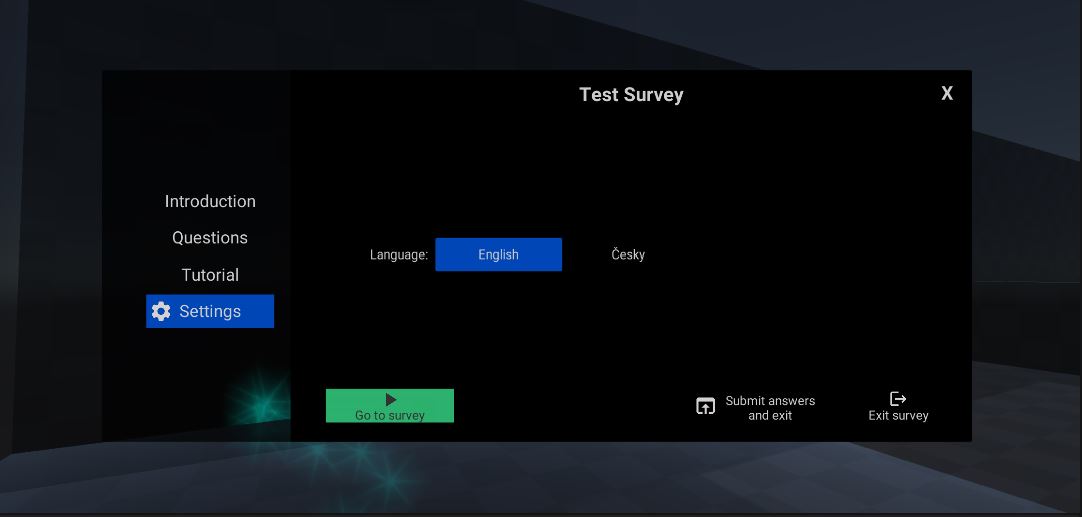 Screenshot XRsurveys survey menu settings Unity VR